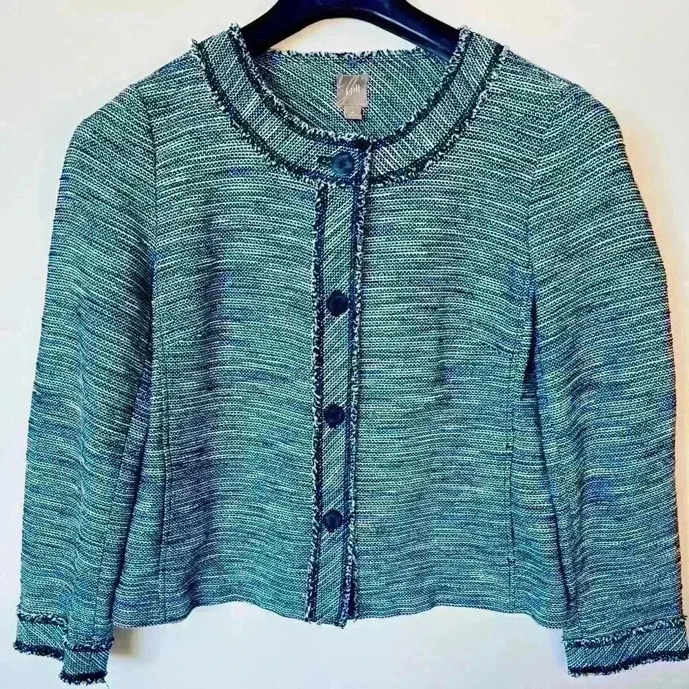 J. Jill Women's Tweed Fringe Button Front Jacket Pockets